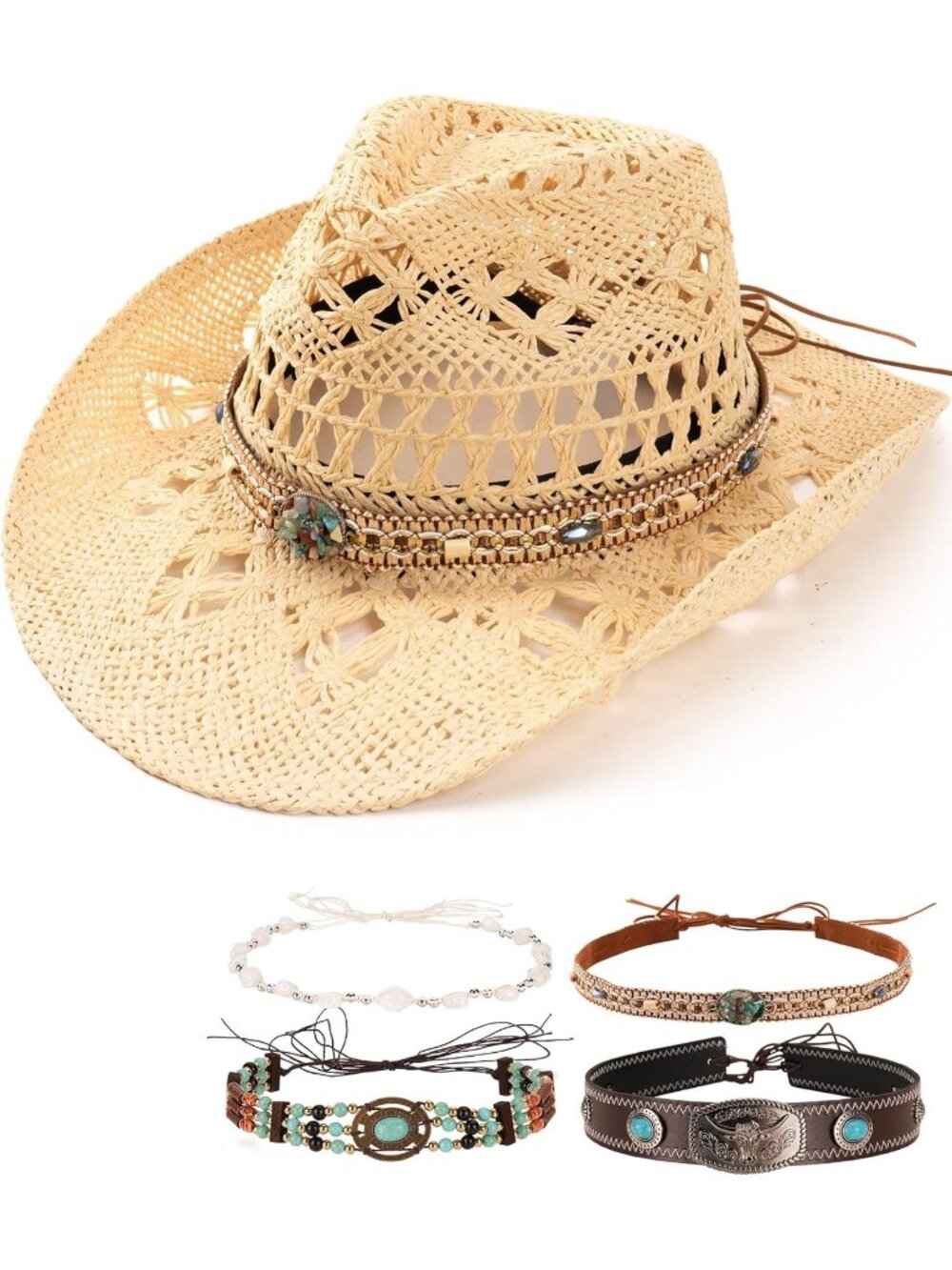 Men's Solid Beige 4-Style Decorative Bands Stiff Wide Brim Western Style